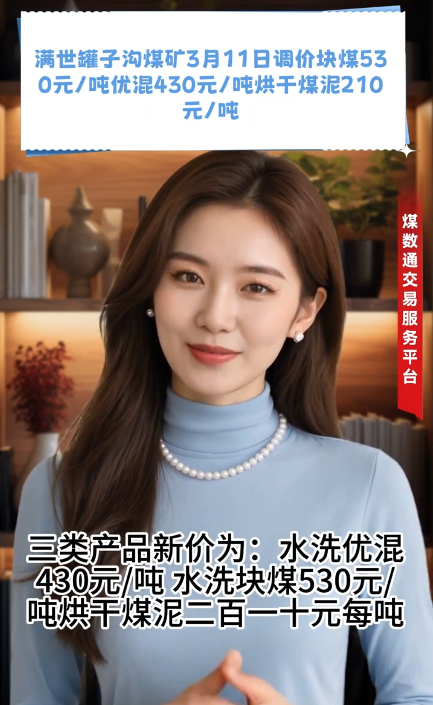满世罐子沟煤矿3月11日调价：块煤530元/吨，优混430元/吨，烘干煤泥210元/吨