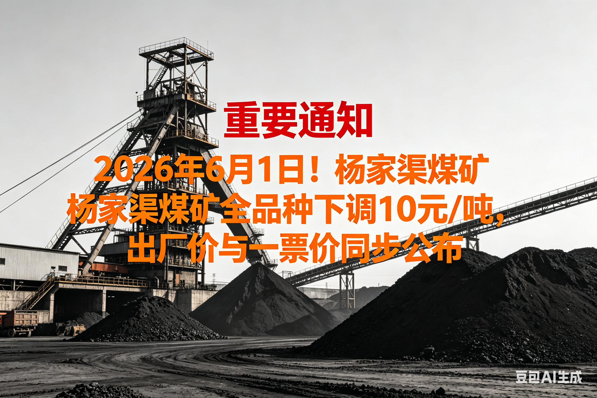 2026年6月1日！杨家渠煤矿全品种下调10元/吨，出厂价与一票价同步公布